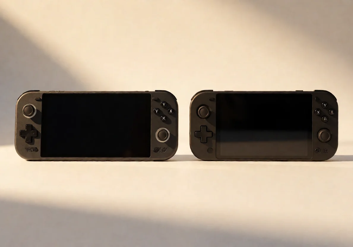 两款黑色的任天堂Switch游戏主机并排摆放