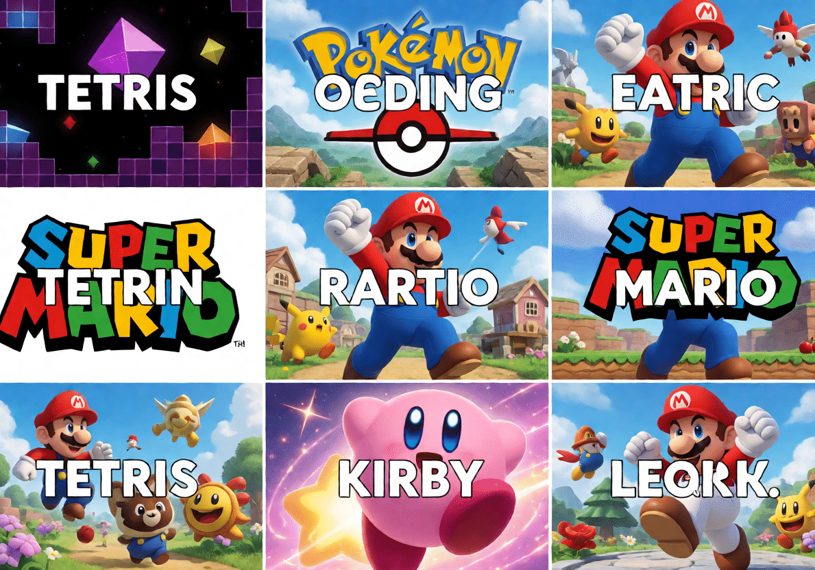 九宫格图片展示多个游戏品牌标志的恶搞组合,包括 TETRIS、POKEMON OEDING、EATRIS、SUPER MARIO、RARTIO、KIRBY 和